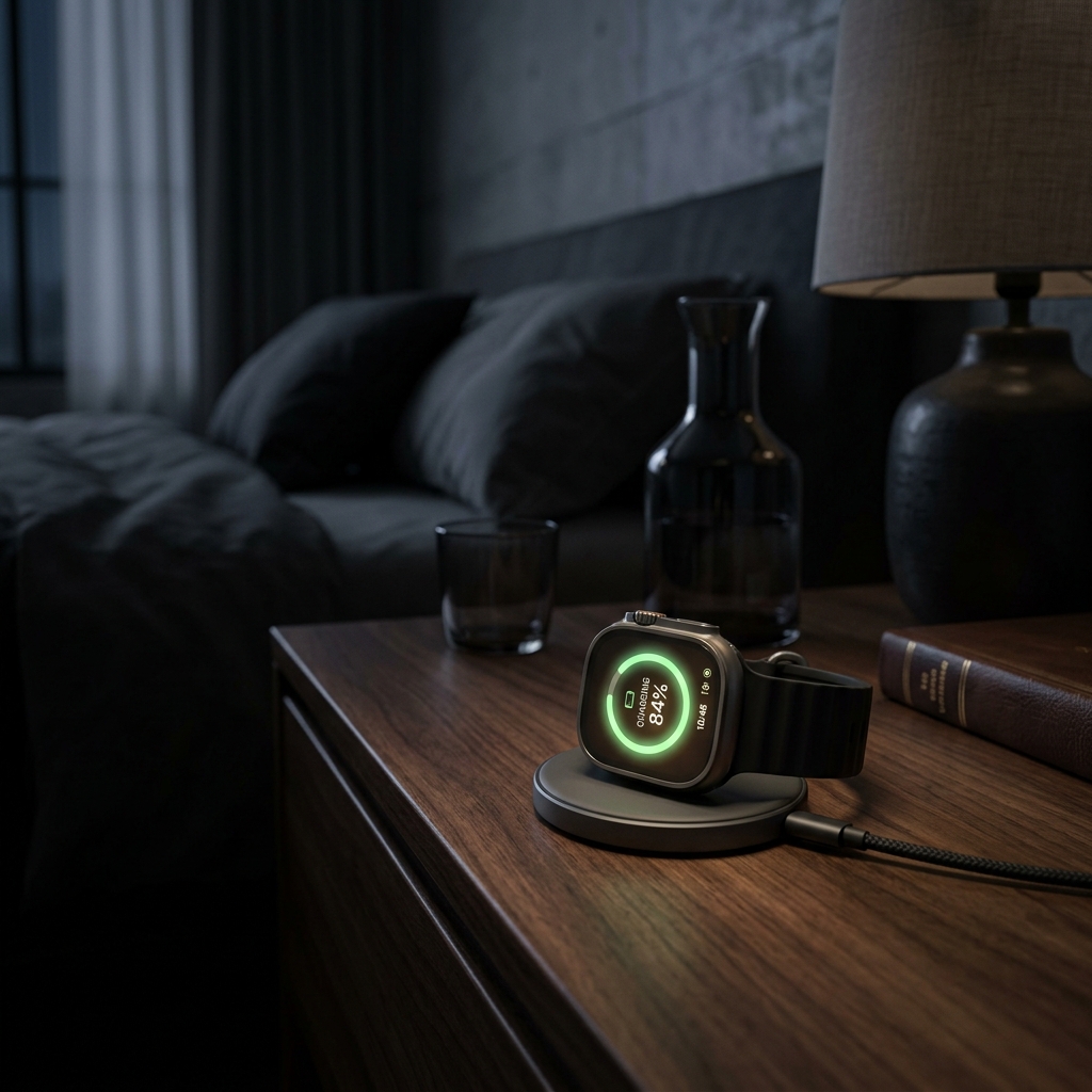 Aurenyx Pulse Ultra on magnetic charging dock beside nightstand