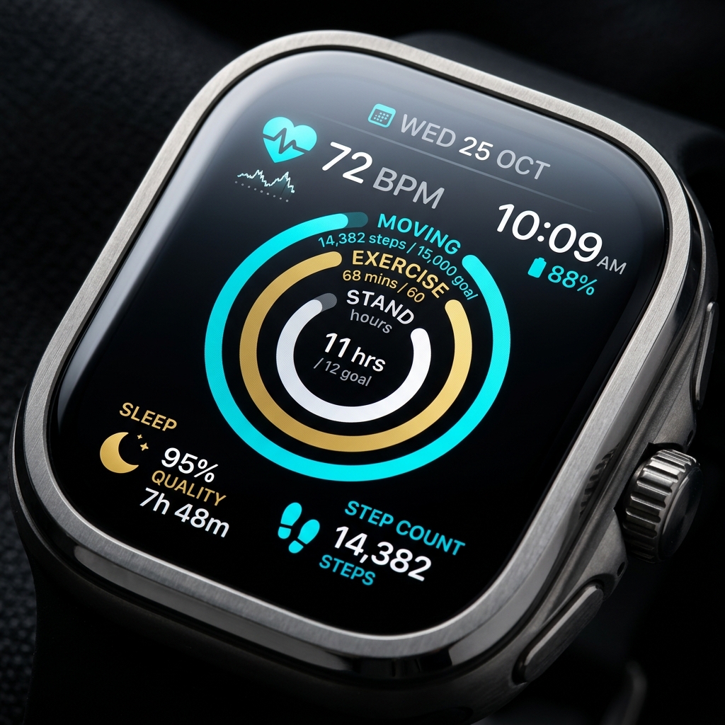 Aurenyx Pulse Ultra display showing activity rings and wellness metrics
