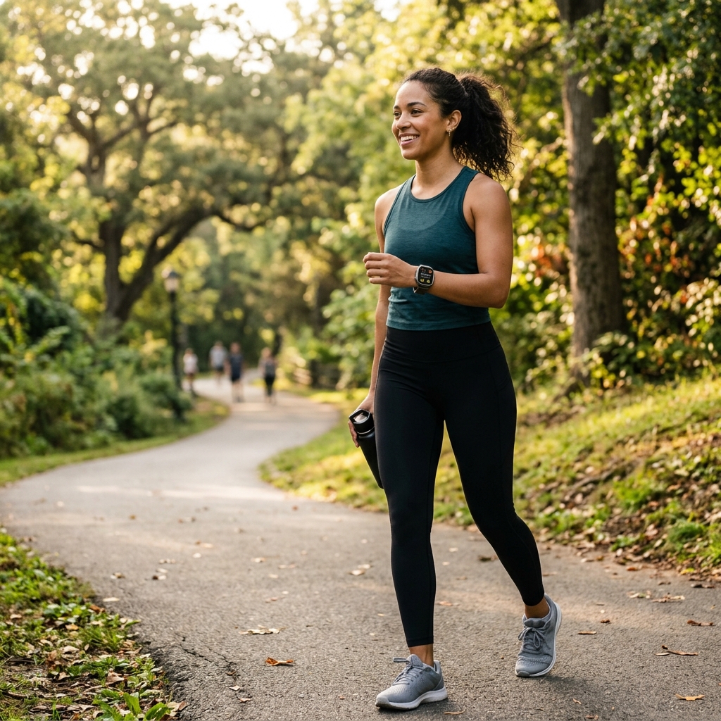 Active woman wearing Aurenyx Pulse Ultra while walking outdoors