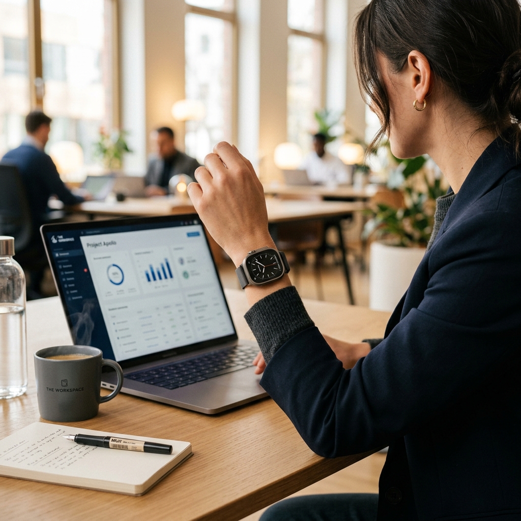 Professional wearing Aurenyx Pulse Ultra in a modern office setting